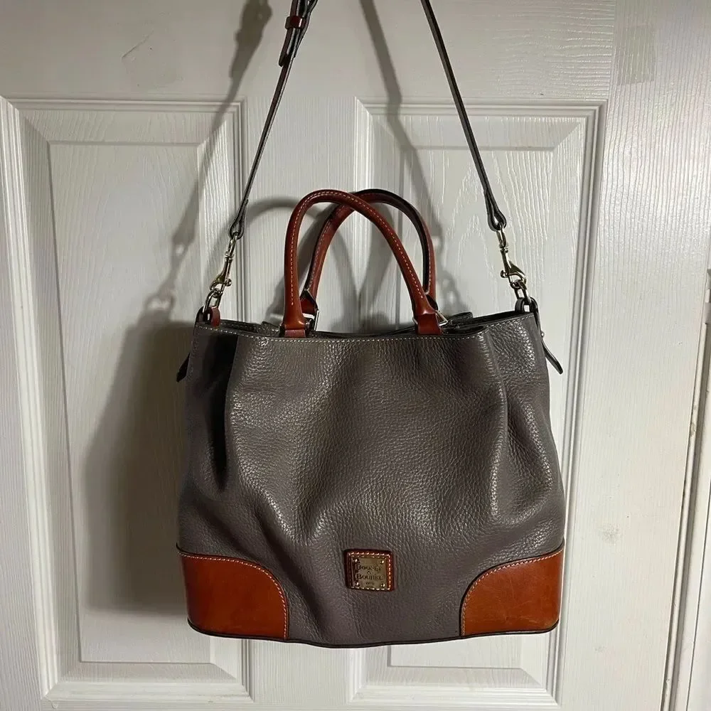 Dooney & Bourke Brenna Gray pebble Leather satchel tanTrim & Strap bonus pouch.